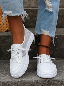 運動戶外運動鞋適合女士,千鳥格圖案前綁帶板鞋 - 白色 - 查看 6