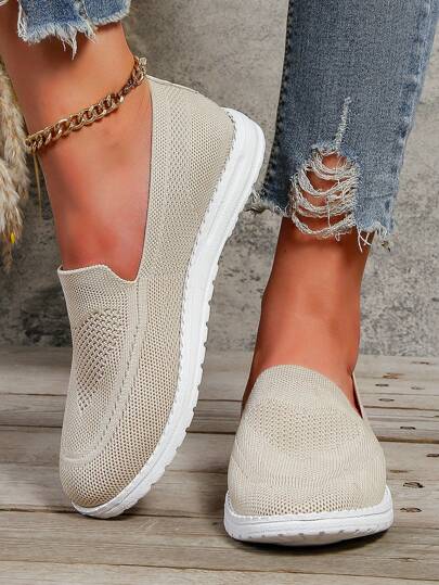 New Comfortable Breathable Knit Mesh Slip-On Sneakers, Fashionable Flat Casual Shoes