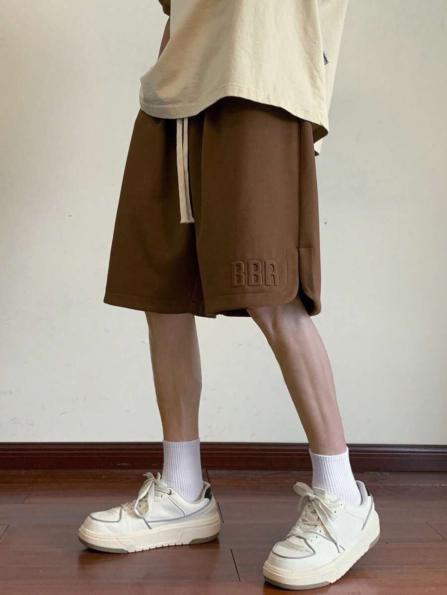 男士字母圖案腰部抽繩短褲 - 咖啡棕 - 查看 1