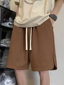 男士字母圖案腰部抽繩短褲 - 咖啡棕 - 查看 4