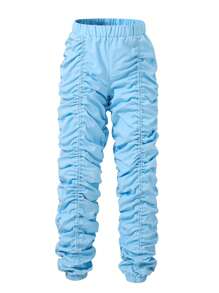 SHEIN Tween Girl Elastic Waist Ruched Stacked Trousers - Blue - View 1