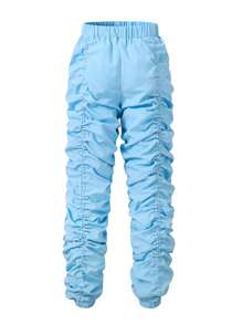 SHEIN Tween Girl Elastic Waist Ruched Stacked Trousers - Blue - View 2