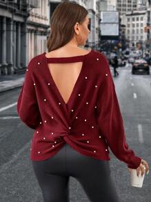 SHEIN Clasi Hơn Ngọc trai đính cườm Cắt ra Xoay lại Thả vai Áo len - Màu Đỏ Sâu - Xem 3
