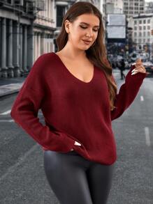 SHEIN Clasi Hơn Ngọc trai đính cườm Cắt ra Xoay lại Thả vai Áo len - Màu Đỏ Sâu - Xem 4