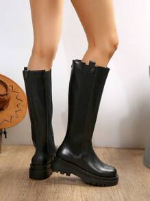 Perfect With Tops,Women's Black Chunky Heel Fashion Over-The-Knee Boots, Round Toe Patchwork Side Zipper Riding Boots, Autumn/Winter,Party