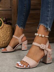 NỮ Thoải mái Thêu hoa Xăng đan gót khối , Thời trang Mùa hè Faux Suede Dép Quai Quai Mắt Cá Chân - Hồng - Xem 4