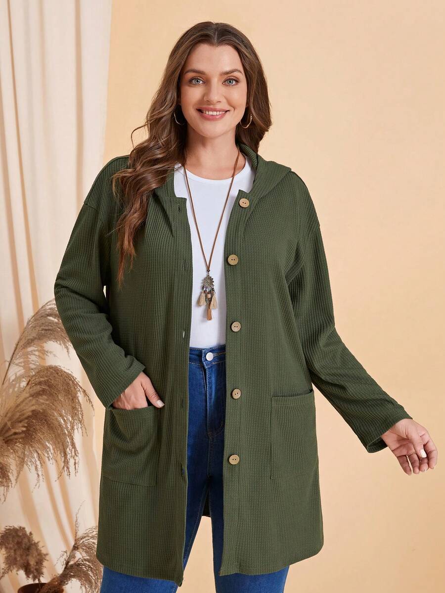 EMERY ROSE Plus Dual Pocket Drop Shoulder Hooded Coat - Army Green - View 1