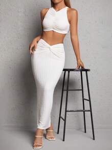 SHEIN PETITE 褶邊背心上衣&前扭結鉛筆裙 - 米色 - 查看 1