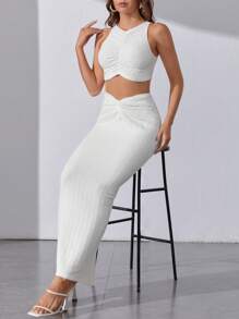 SHEIN Tall 素色短款背心&前扭結鉛筆裙 - 白色 - 查看 3