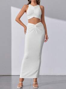 SHEIN Tall 素色短款背心&前扭結鉛筆裙 - 白色 - 查看 4