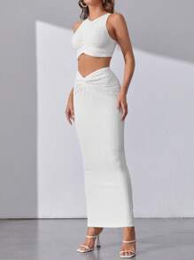 SHEIN Tall 素色短款背心&前扭結鉛筆裙 - 白色 - 查看 5