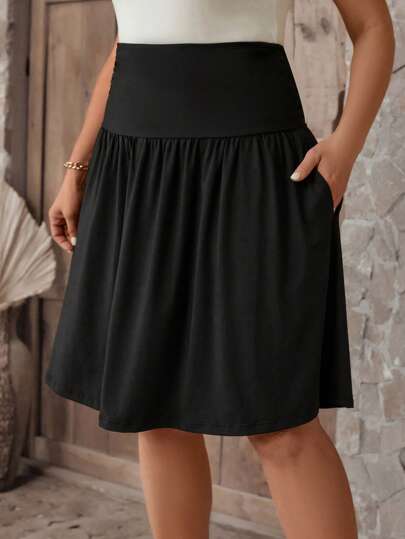 SHEIN LUNE Plus Solid Slant Pocket Flare Skirt