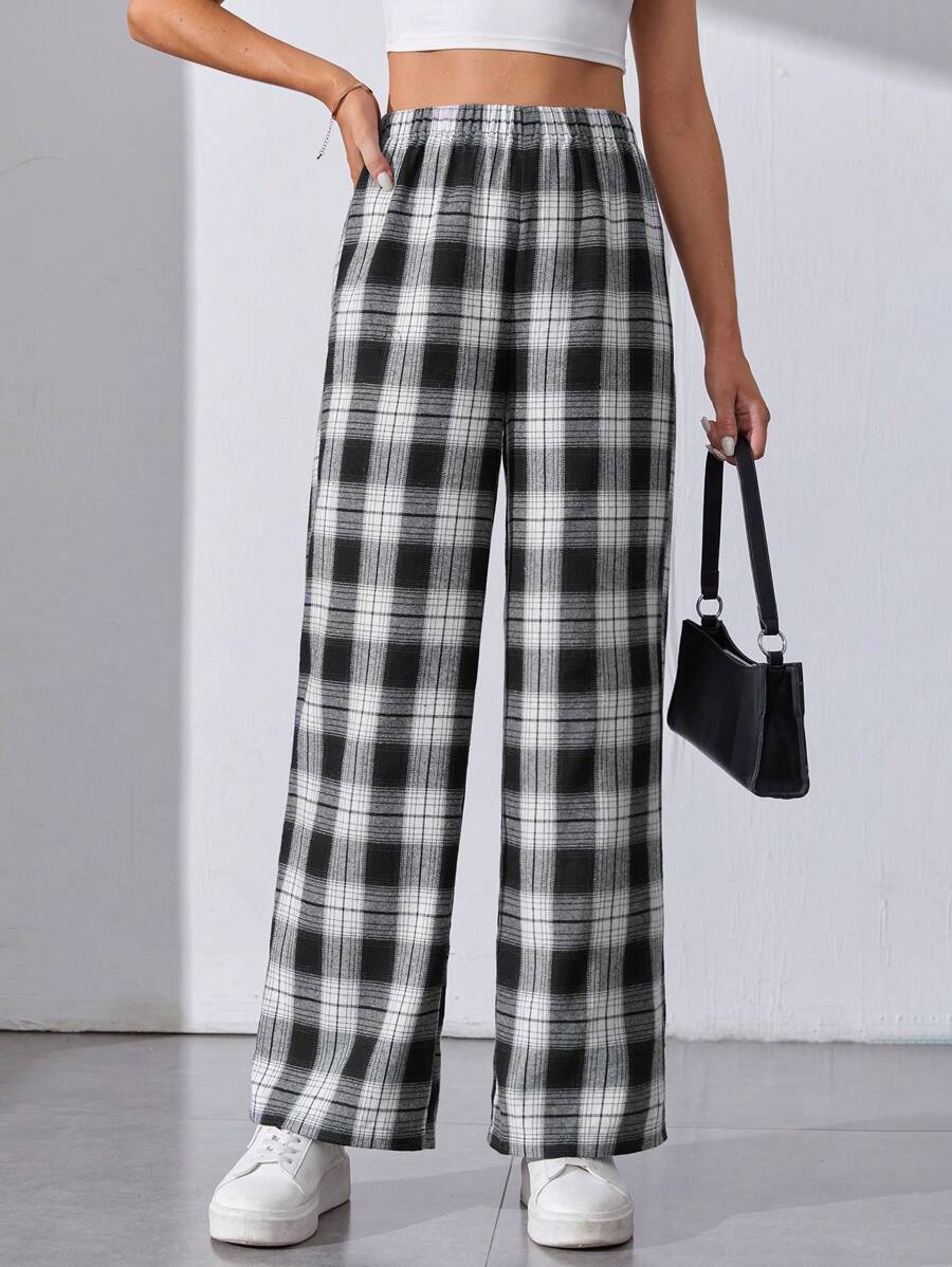 SHEIN Tall Plaid Print Wide Leg Pants - Black and White - View 1