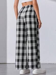 SHEIN Tall Plaid Print Wide Leg Pants - Black and White - View 2