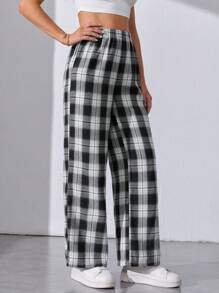 SHEIN Tall Plaid Print Wide Leg Pants - Black and White - View 3