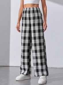 SHEIN Tall Plaid Print Wide Leg Pants - Black and White - View 4