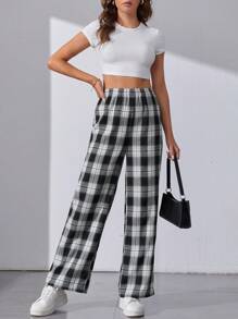SHEIN Tall Plaid Print Wide Leg Pants - Black and White - View 5
