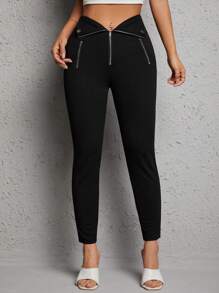 SHEIN PETITE Zip Fly Skinny Pants - Black - View 1