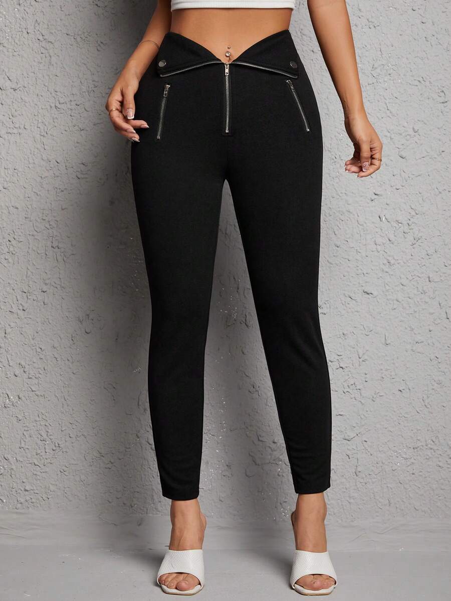 SHEIN PETITE Zip Fly Skinny Pants - Black - View 1