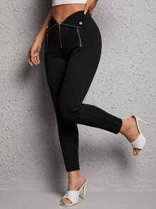 SHEIN PETITE Zip Fly Skinny Pants - Black - View 3