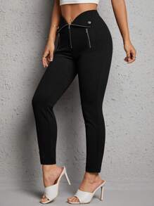 SHEIN PETITE Zip Fly Skinny Pants - Black - View 4