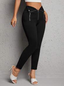 SHEIN PETITE Zip Fly Skinny Pants - Black - View 5