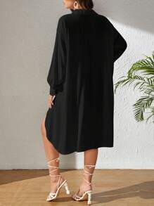 SHEIN VCAY Solid Button Front High Low Hem Shirt - Black - View 2