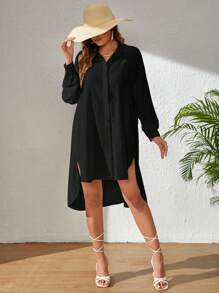 SHEIN VCAY Solid Button Front High Low Hem Shirt - Black - View 4