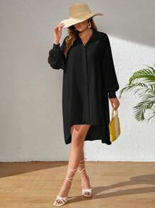 SHEIN VCAY Solid Button Front High Low Hem Shirt - Black - View 5
