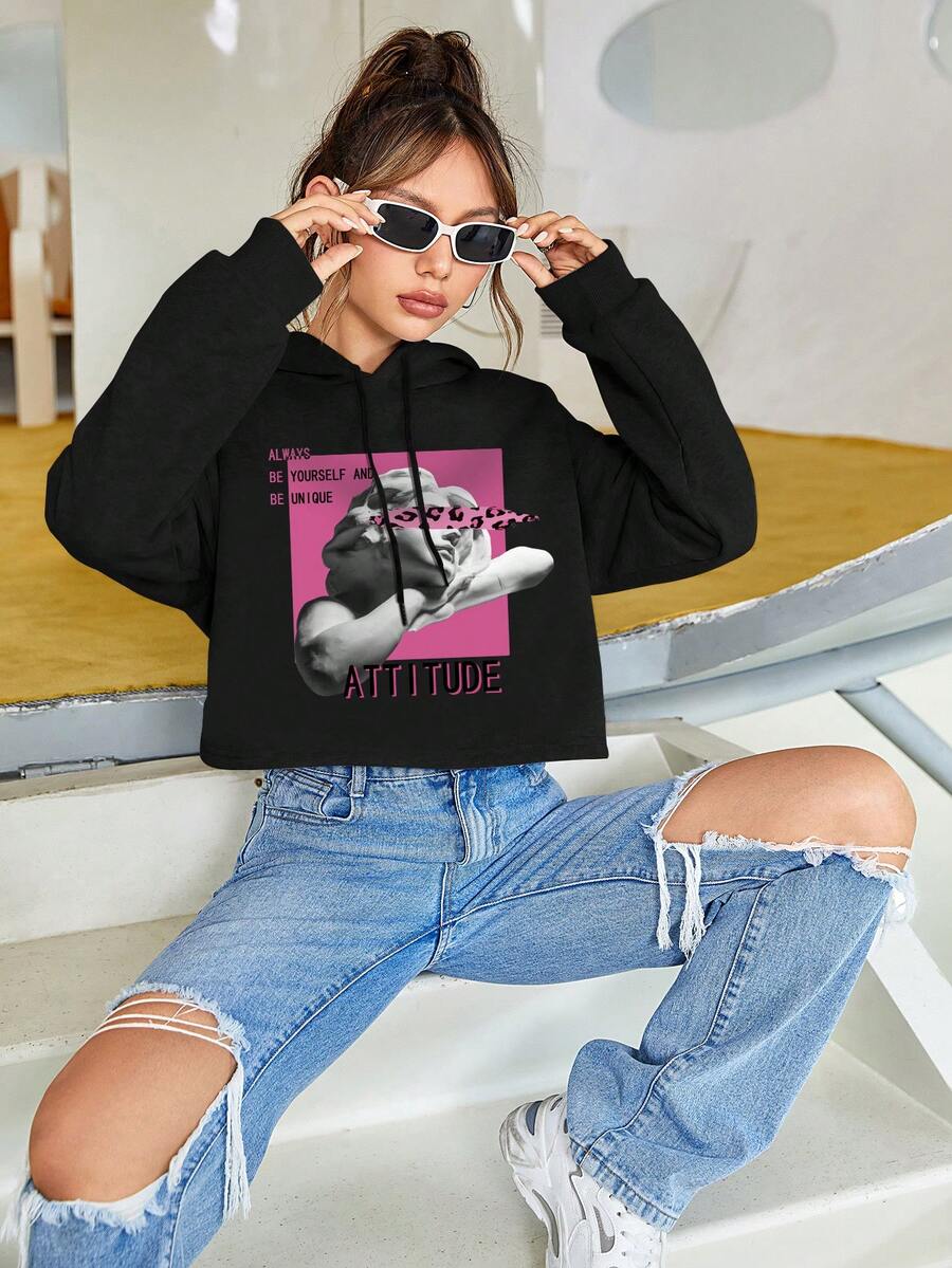 SHEIN Coolane 人物和標語圖案落肩袖抽繩連帽衫 - 黑色 - 查看 1