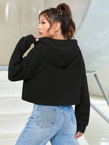 SHEIN Coolane 人物和標語圖案落肩袖抽繩連帽衫 - 黑色 - 查看 2