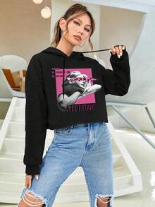 SHEIN Coolane 人物和標語圖案落肩袖抽繩連帽衫 - 黑色 - 查看 3