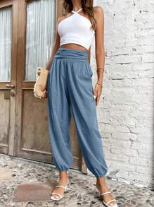 SHEIN VCAY Solid Slant Pocket Ruched Waist Pants
