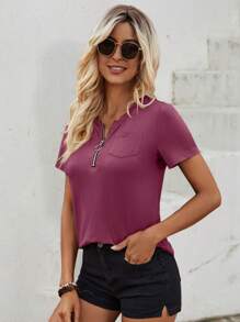 SHEIN LUNE 半拉鏈補丁貼口袋T恤