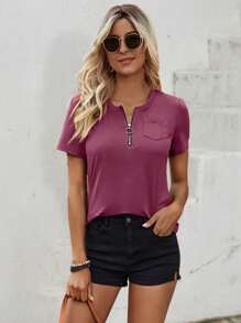 SHEIN LUNE 半拉鏈補丁貼口袋T恤