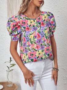 SHEIN VCAY Vải in hoa Ống tay áo Áo sơ mi - Nhiều màu - Xem 4