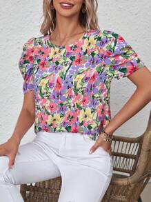 SHEIN VCAY Vải in hoa Ống tay áo Áo sơ mi - Nhiều màu - Xem 6