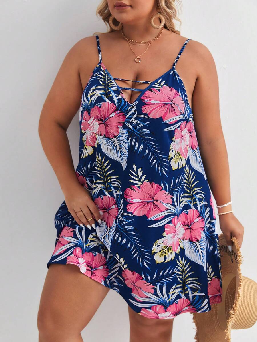 SHEIN VCAY 大碼熱帶圖案吊帶洋裝 - 藏蓝色 - 查看 1