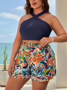 SHEIN VCAY Plus Solid Crop Halter Top & Floral Print Shorts - Navy Blue - View 3
