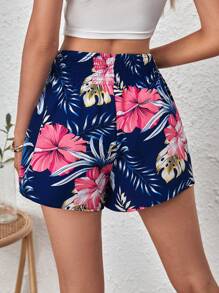 SHEIN VCAY Tropical Print Wide Leg Shorts - Navy Blue - View 2