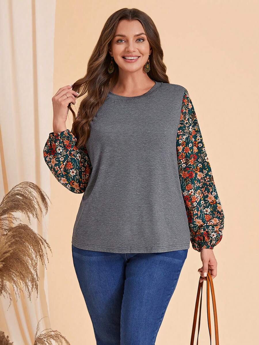 EMERY ROSE Talla grande Camiseta con estampado floral de manga farol - Multicolor - Ver 1