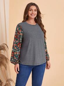EMERY ROSE Talla grande Camiseta con estampado floral de manga farol - Multicolor - Ver 3