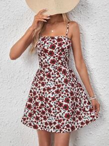 Soleia 滿版印花後背繫帶吊帶連衣裙