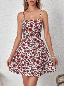 Soleia 滿版印花後背繫帶吊帶連衣裙