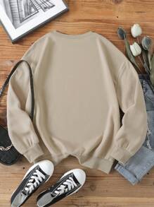 INAWLY 黃牛&字母圖案加絨內裏運動衫 - 卡其色 - 查看 2