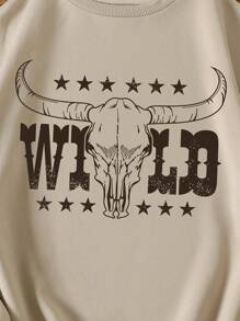 INAWLY 黃牛&字母圖案加絨內裏運動衫 - 卡其色 - 查看 3