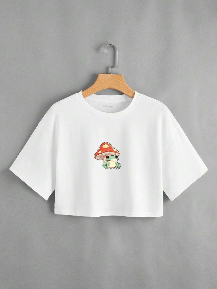 SHEIN EZwear 蘑菇圖案落肩袖短款T恤 - 白色 - 查看 1