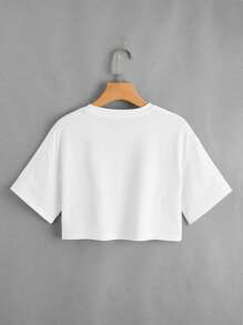 SHEIN EZwear 蘑菇圖案落肩袖短款T恤 - 白色 - 查看 2