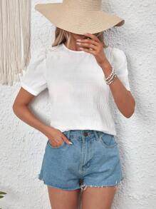 SHEIN VCAY 素色泡泡袖襯衫 - 白色 - 查看 1