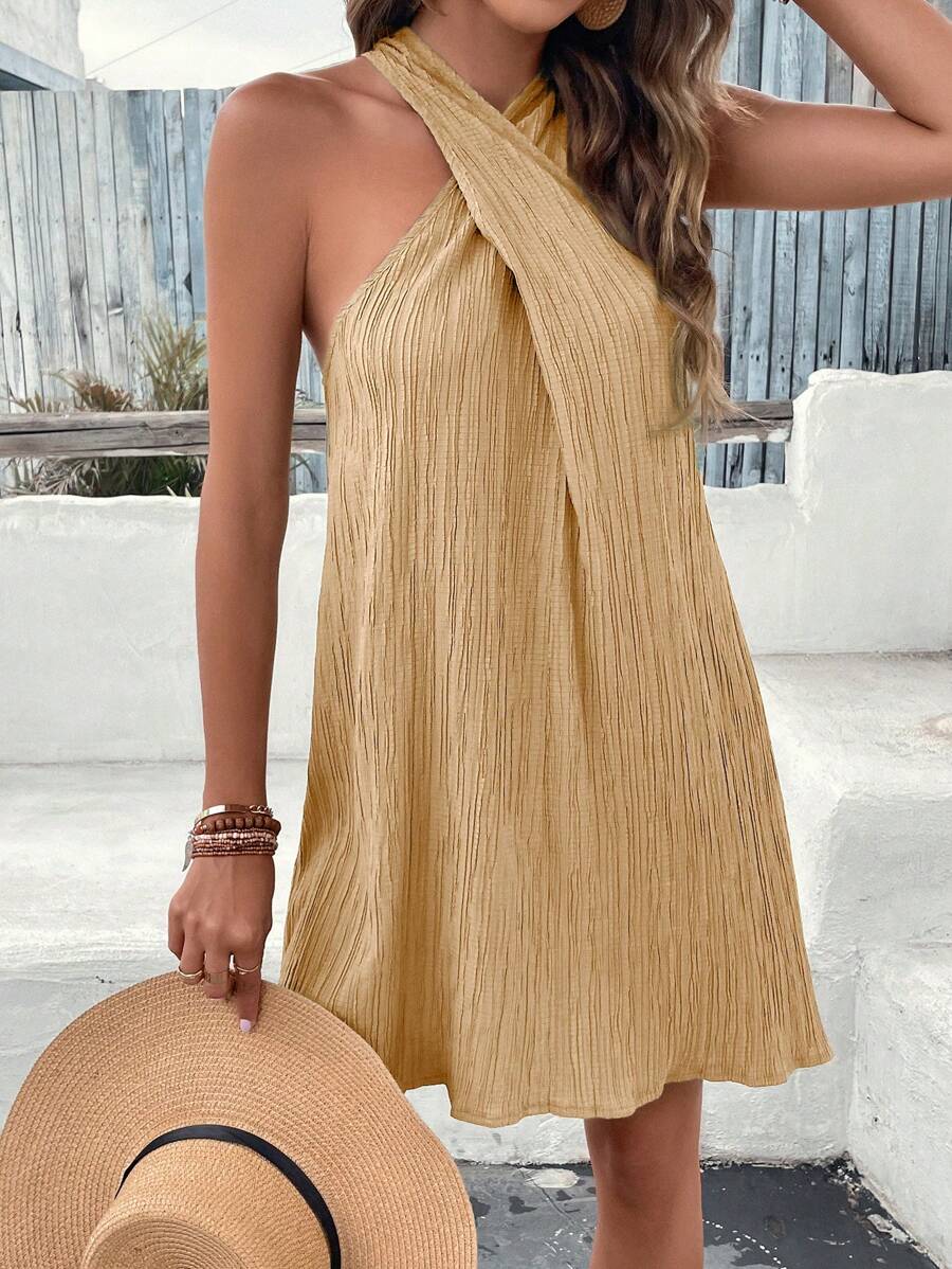 SHEIN VCAY 素色交叉繞頸連衣裙 - 卡其色 - 查看 1